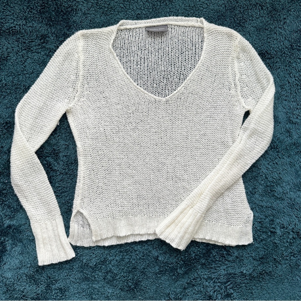Wooden Ships Wool Mohair Blend Open Knit V Neck Sweater - Picture 2 of 10